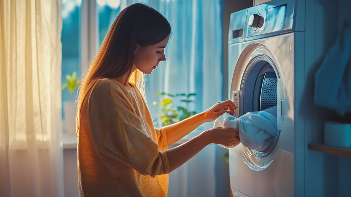 Woman adding items to a washing machine