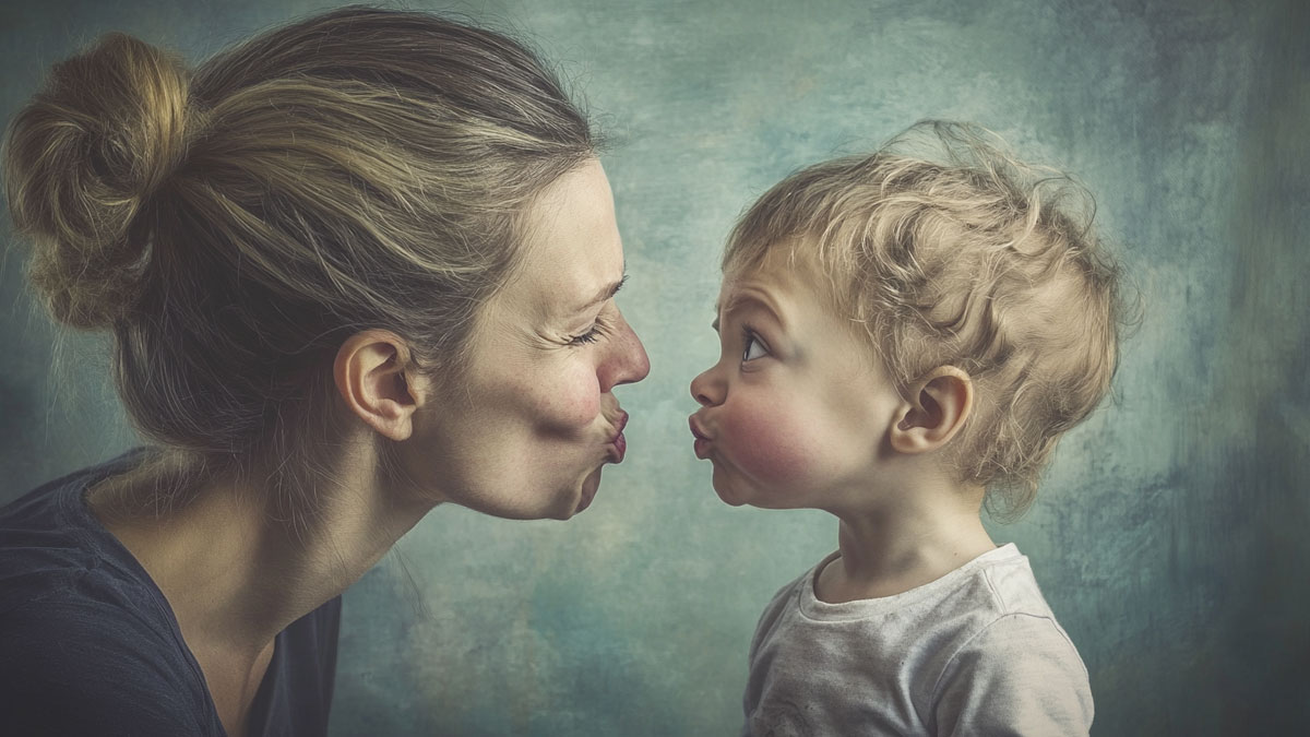 Mother and child pulling faces