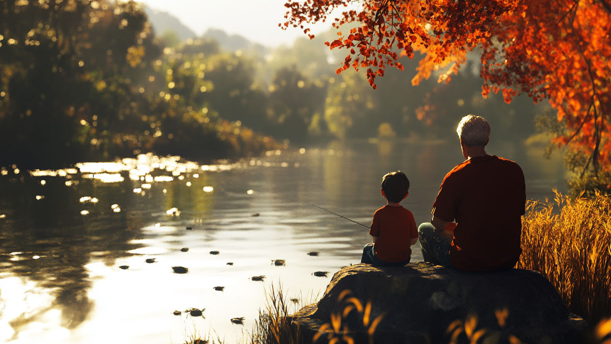 Grandparent and child fishing