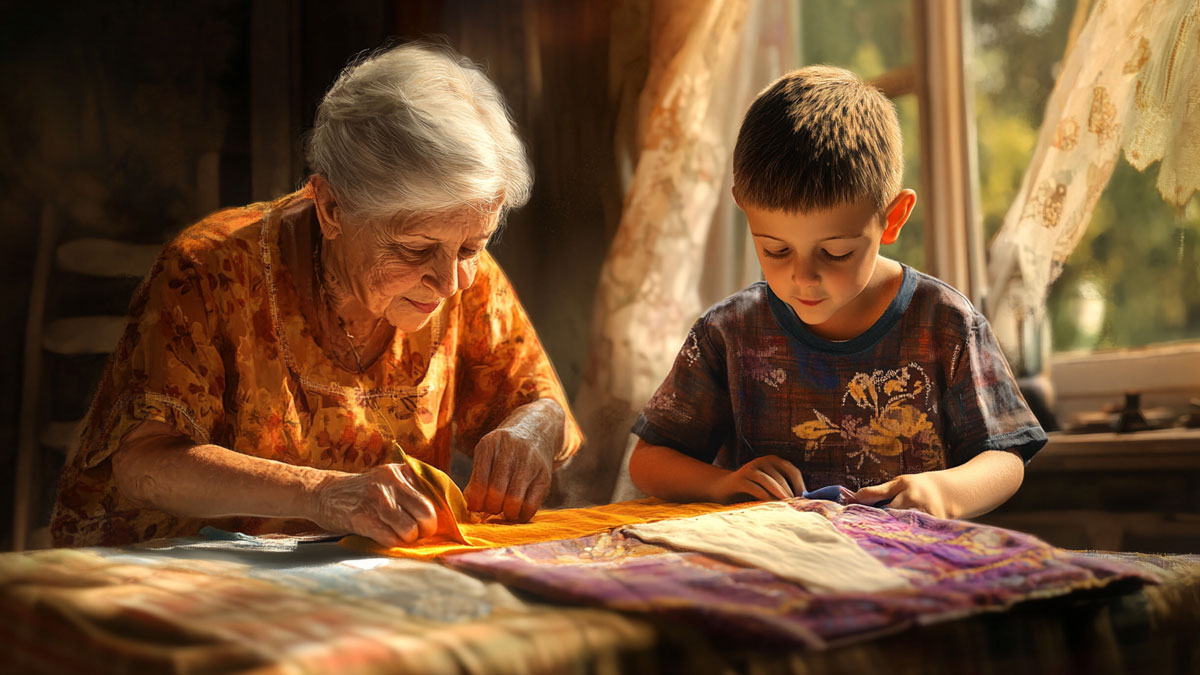 Grandparent working with fabric