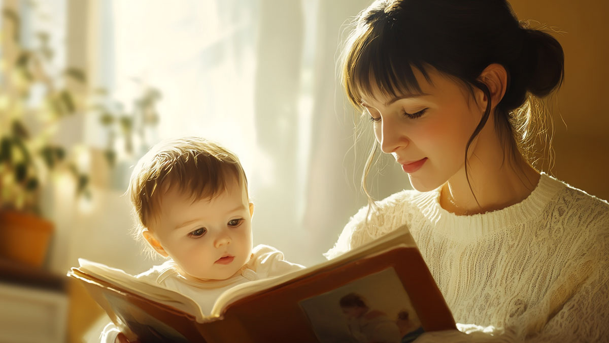 A mother reading a book to a child