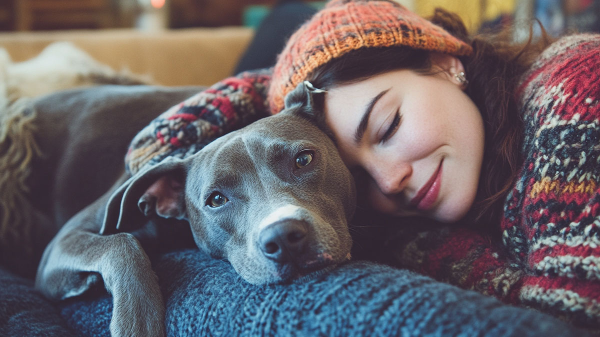 Woman cuddling a dog