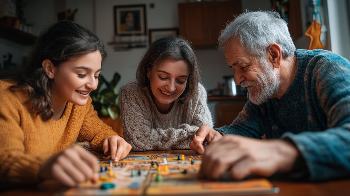 Father playing a board game with daughters