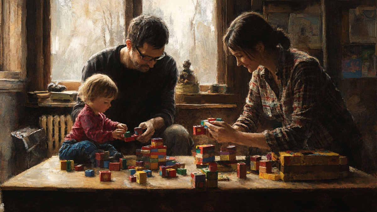 Family playing with blocks