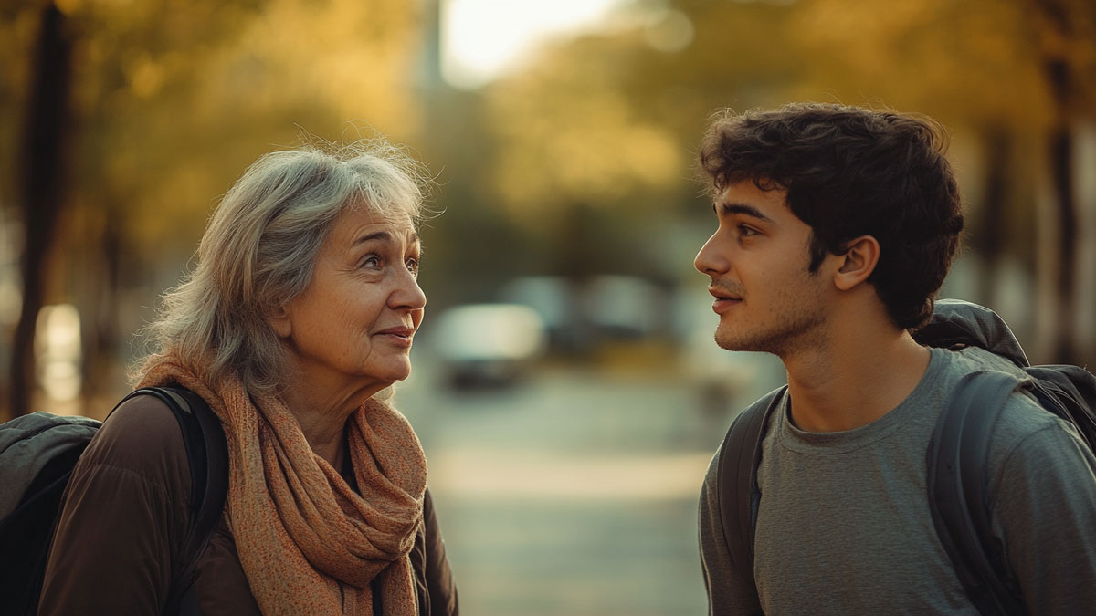 Mother encouraging son to talk