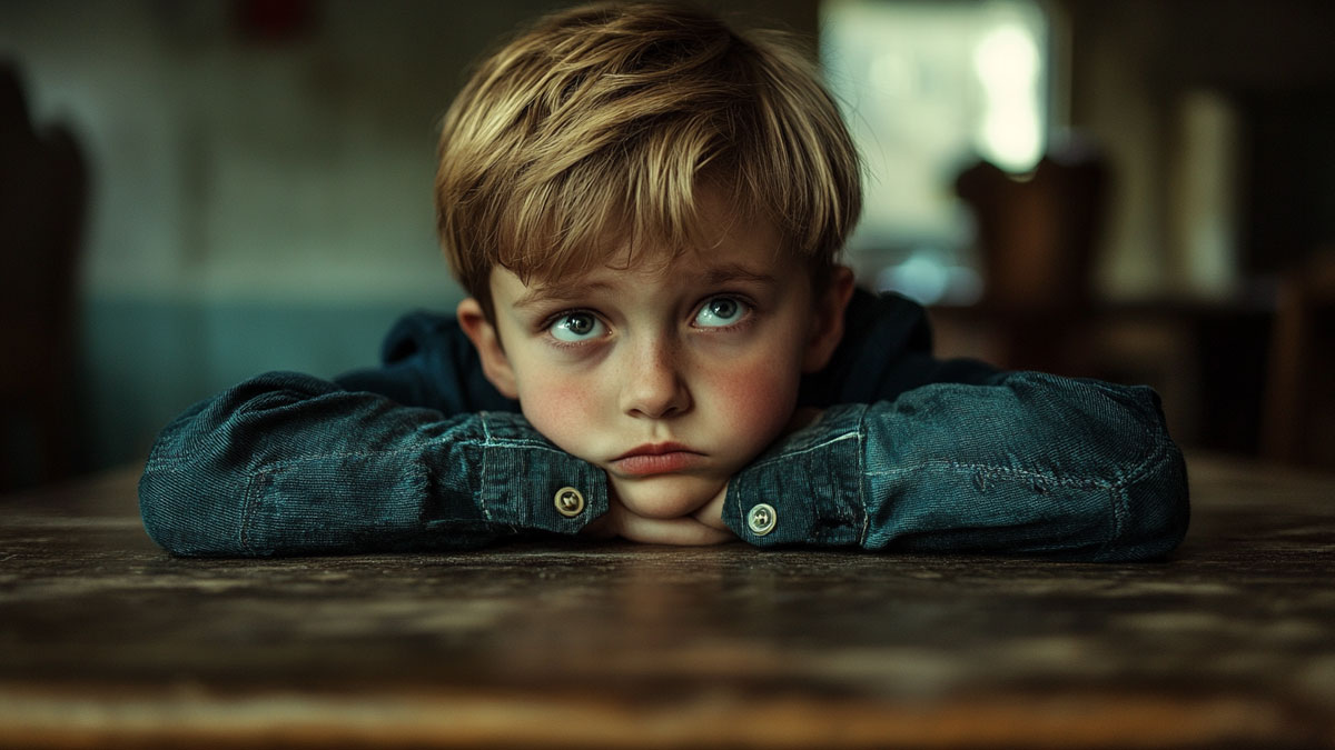 Child unhappy by desk